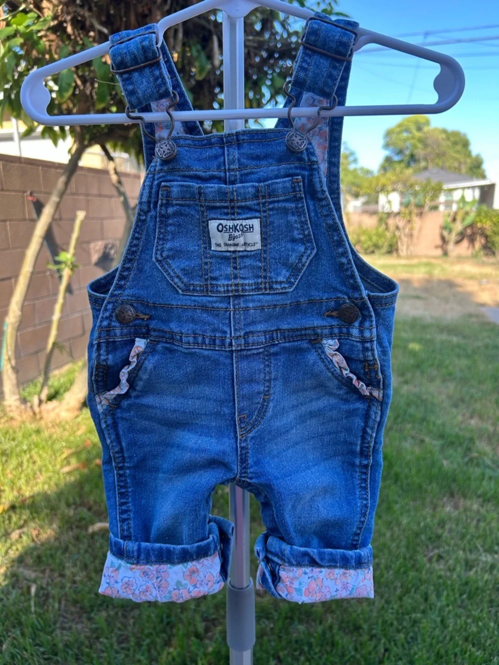 OshKosh B'gosh Dark Blue Denim with pink floral ruffle details 0/3 mos Overalls